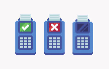 Allowed, disallowed payment terminal pixel art set. Credit card pin code pay system collection. 8 bit. Game development, mobile app. Isolated vector illustration. 