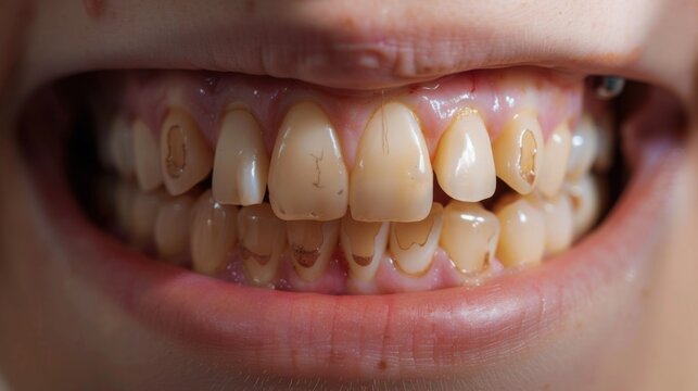 Closeup open mouth with very bad crooked teeth, caries. Dental problems with oral hygiene. 