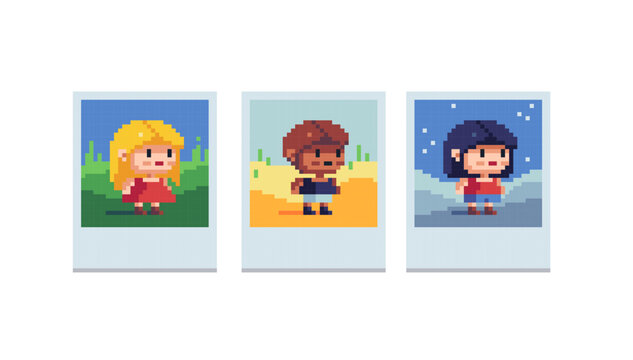 Photo cards with characters pixel art set. Vintage Polaroids landscape with people photography collection. 8 bit. Game development, mobile app. Isolated vector illustration. 