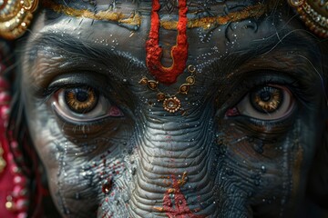 A close-up view of a eye Ganesha-inspired face art, detailed with jewels and traditional motifs.
