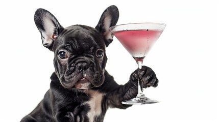 french bulldog dog celebrating new years eve with owner and champagne glass isolated on white background , wide angle view
