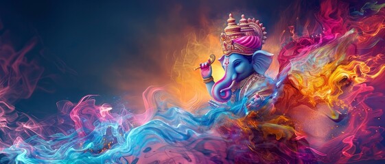 A dynamic digital art piece featuring Lord Ganesha surrounded by flowing, colorful energy waves on a darken background. generative ai