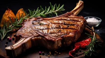 Delicious t-bone steak with rosemary. T-bone steak cooked on a wooden tray. - obrazy, fototapety, plakaty