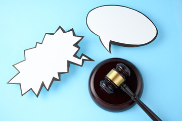 Judge gavel and speech bubble background with copy space for text.