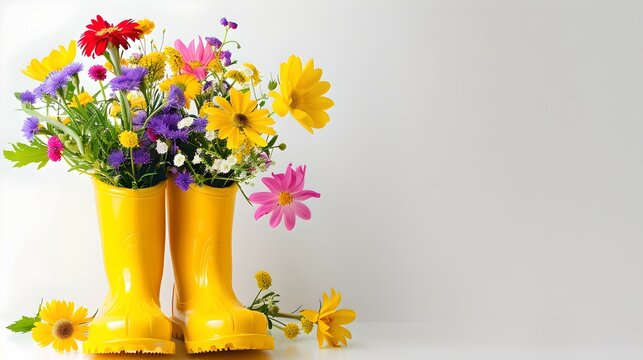 Bright yellow rain boots repurposed as a vase for fresh spring flowers. a creative indoor decor idea for a welcoming home. eco-friendly upcycling concept. AI