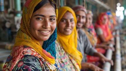 Obraz premium A group of smiling people with colorful traditional clothing sitting together, representing cultural diversity and happiness. 