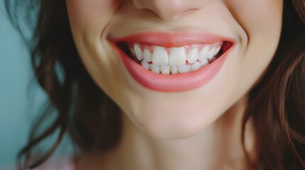 Fototapeta premium Bright smile close-up. woman's cheerful expression in focus. perfect for dental and beauty industries. clear, vibrant, and joyful image showcasing happiness. AI