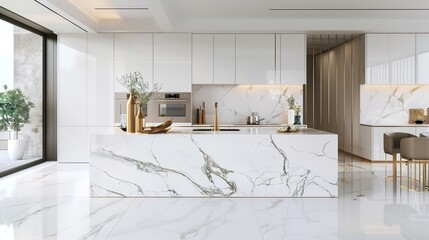 Fototapeta na wymiar A modern kitchen bathed in natural light, boasting white marble countertops complemented by gold fixtures and hardware, creating an atmosphere of elegance and sophistication.