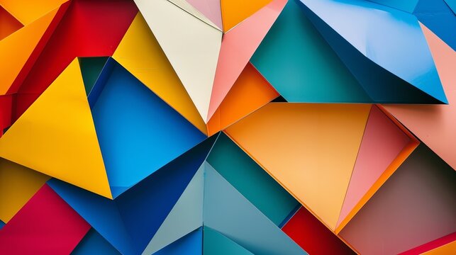 An abstract composition of colorful paper cutouts arranged in a geometric pattern