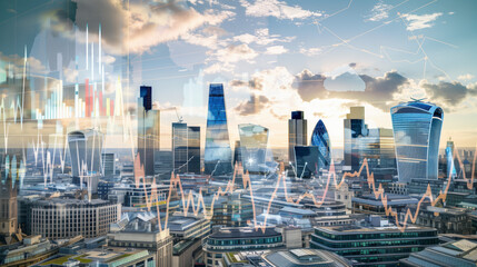 London business skyline with stock exchange trading chart double exposure, British UK English trading stock market digital concept - obrazy, fototapety, plakaty