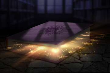 Ancient book of magic on a stone surface with rays of light coming out from the inside towards the...