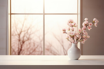 Empty wooden white window sill, table for presentation and product demonstration. On the edge of the table is a vase with spring flowering branches. Spring background.