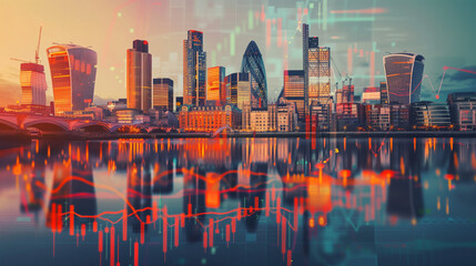 London business skyline with stock exchange trading chart double exposure, British UK English trading stock market digital concept