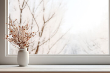 Empty wooden white window sill, table for presentation and product demonstration. On the edge of the table is a vase with spring flowering branches. Spring background.
