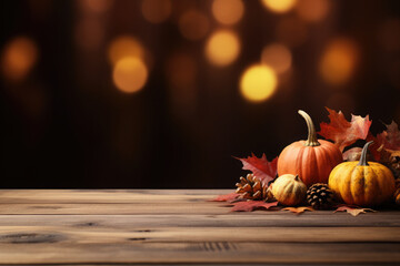 Pumpkin with maple leaves on a wooden table against a blurred autumn background. Part of the table is empty, for demonstration and presentation of the product - obrazy, fototapety, plakaty