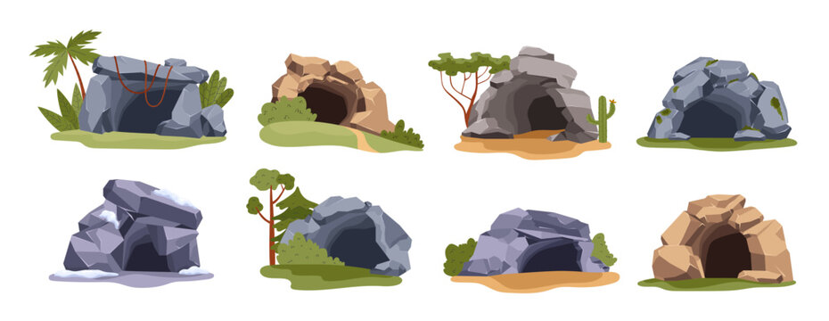 Empty stone caves entrance in the forest or jungle, wild cave opened on lawn among the trees, old den in rock vector set