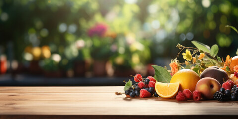 Fresh fruits and berries on a wooden table against a background of green nature. Part of the table...