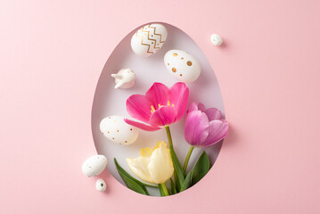 Festive Easter concept: top view of vivid tulips, bunny figure, and colored eggs visible through an...