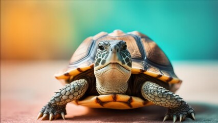 Obraz premium The turtle looks ahead on a bright background.