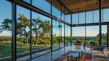 Expansive glass windows offering views of a picturesque landscape. 