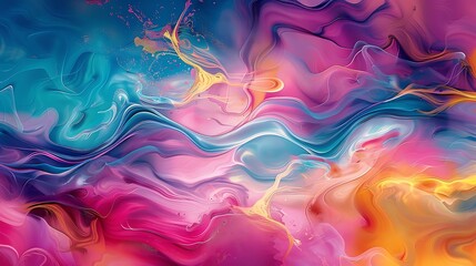 Abstract marbled pattern with vibrant pink, blue, and yellow tones, evoking movement - obrazy, fototapety, plakaty