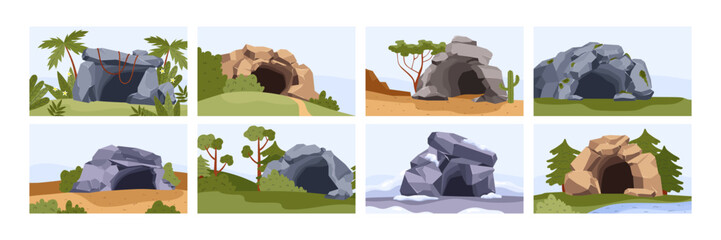 Stone caves, set of vector illustration in colored flat cartoon style