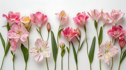 Bright pink and white alstroemeria flowers arranged on a white background creating a fresh and natural pattern for any project requiring floral beauty. 