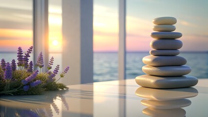 Serene Spa Composition with Stacked Stones. Tranquil Spa Scene with Lavender Flowers. Ocean View. The evening warm ocean outside the window.