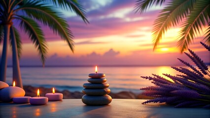 Tranquil Spa Composition with Plumeria Flowers and Candles.Evening warm ocean, palm trees and soft sand. A premium suite with ocean views from the spa. 