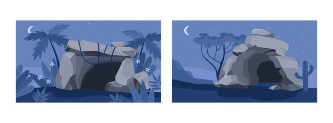 Set of landscapes with stone caves at night flat style