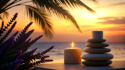 Foto auf Acrylglas Tranquil Spa Composition with Plumeria Flowers and Candles.Evening warm ocean, palm trees and soft sand. A premium suite with ocean views from the spa.  © sanchezz111