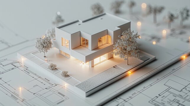 maquette de maison moderne pos&eacute;e sur des plans, fond blanc, illustration ia g&eacute;n&eacute;rative