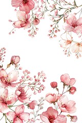 Fototapeta na wymiar a delicate watercolor floral arrangement with shades of pink blossoms and buds on slender branches, set against a clean white background