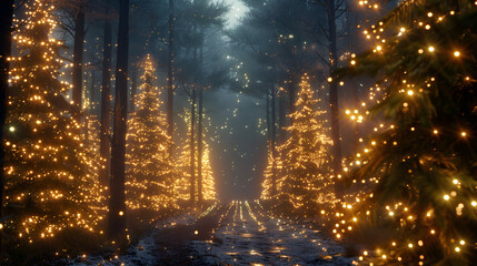 Magical forest with Christmas trees and glowing lights light pathway
