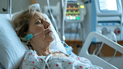 middle-aged woman lies in a hospital ward connected to medical equipment