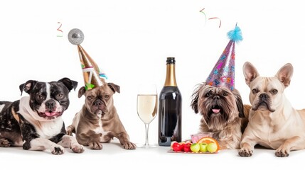 Group of pets in birthday hat with a bottle of wine and glass of champagne. isolated on white background,Fun Puppies Celebrating a Birthday
