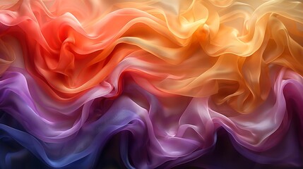 A graceful wave of fabric in a gradient of warm to cool colors, transitioning from a fiery orange...