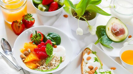 A vibrant and healthy breakfast spread featuring a variety of fruits, yogurt, and avocado toast on a white table, perfect for promoting a nutritious lifestyle. 