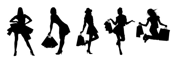 Fototapeta premium Collection of woman silhouette carrying shopping bags
