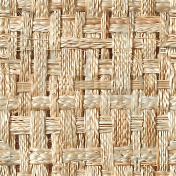  close-up view of a beige woven raffia fabric with a complex, crisscross pattern and textured appearance.