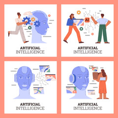 Artificial intelligence or AI processing big data, flat vector illustration.