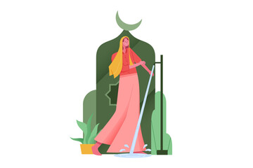 Muslim women perform ablution before prayer vector Illustration
