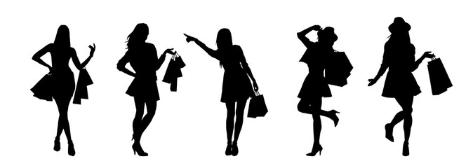 Collection of woman silhouette carrying shopping bags