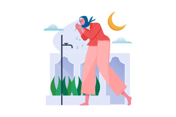 Muslim women perform ablution before prayer vector Illustration