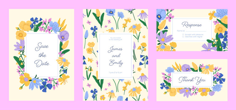 Design of invitation cards set. Floral frame with place for text. Greeting notes with botanical decoration. Wildflowers, wild meadow flowers on template wedding flyers. Flat vector illustrations