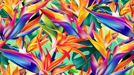 A vibrant, dense cluster of bird-of-paradise flowers, showcasing vivid oranges, blues, and purples against a green background.