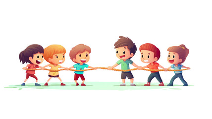Kids playing tug of war isolated on a transparent background.