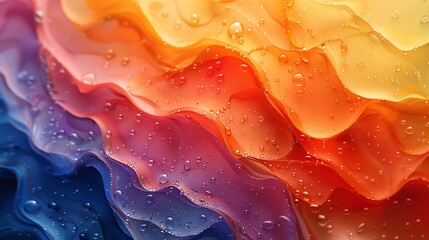 a vibrant gradient of colors in wavy patterns with water droplets, transitioning from red to purple...