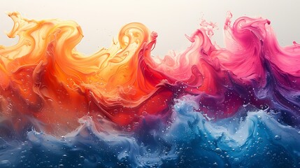 Vibrant swirls of orange, blue, and pink colors intermingle in a dynamic and fluid abstract splash on a pristine white background, perfect for energetic and creative concepts. 