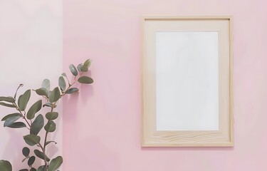 A wooden picture frame with a blank white space on a soft pink wall background, complemented by a green potted plant, perfect for custom content design needs. 